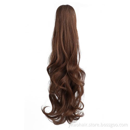Long Wavy Light Brown Ponytail Claw Hair 24 Inch Long Wave Ponytail Extension Synthetic Wrap Around Drawstring Hair with 1Clips
